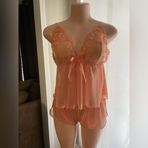 Elegant Lace Trim Peach Lingerie Set shorts Top Large stretch Valentines night